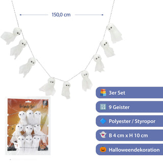 Girlande Geist 3er Set 150cm weiß schwarz Polyester Styropor Halloweendekoration 9 Gespenster an Kette Gruselparty Hängedeko mit Geistern