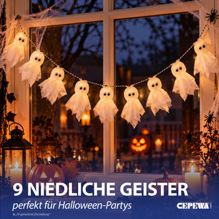 Girlande Geist 3er Set 150cm weiß schwarz Polyester Styropor Halloweendekoration 9 Gespenster an Kette Gruselparty Hängedeko mit Geistern