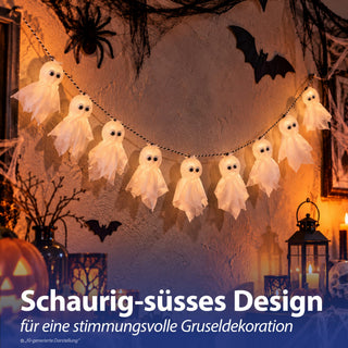 Girlande Geist 3er Set 150cm weiß schwarz Polyester Styropor Halloweendekoration 9 Gespenster an Kette Gruselparty Hängedeko mit Geistern
