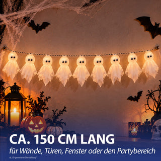 Girlande Geist 3er Set 150cm weiß schwarz Polyester Styropor Halloweendekoration 9 Gespenster an Kette Gruselparty Hängedeko mit Geistern
