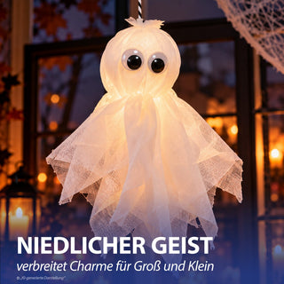 Girlande Geist 3er Set 150cm weiß schwarz Polyester Styropor Halloweendekoration 9 Gespenster an Kette Gruselparty Hängedeko mit Geistern