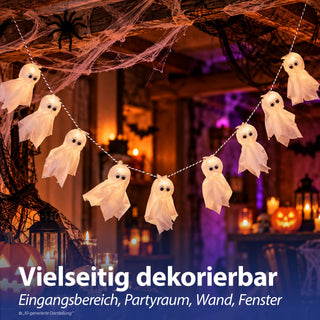 Girlande Geist 3er Set 150cm weiß schwarz Polyester Styropor Halloweendekoration 9 Gespenster an Kette Gruselparty Hängedeko mit Geistern