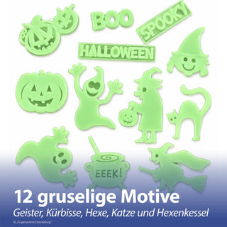 Sticker 'Glow in the dark' 6x12er Set Halloween 28,5x27x5x1cm Kunststoff Klebepunkte grün Leuchtsticker Geister Sticker Kürbis Hexe Gespenst Katze Hexenkessel