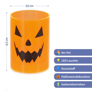 LED Kerze Halloween 6er Set schwarz orange 5x6,5cm Kunststoff batteriebetrieben Kürbisgesicht Fratze Halloweenparty Kerzenscheinflammenlos