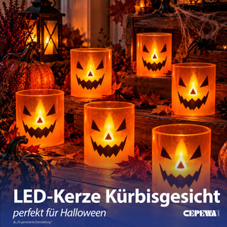 LED Kerze Halloween 6er Set schwarz orange 5x6,5cm Kunststoff batteriebetrieben Kürbisgesicht Fratze Halloweenparty Kerzenscheinflammenlos