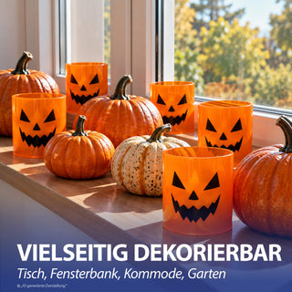 LED Kerze Halloween 6er Set schwarz orange 5x6,5cm Kunststoff batteriebetrieben Kürbisgesicht Fratze Halloweenparty Kerzenscheinflammenlos