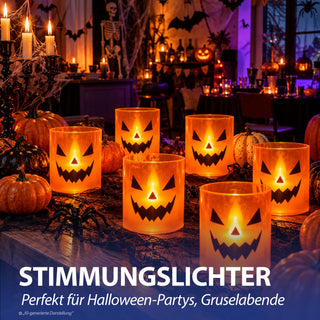 LED Kerze Halloween 6er Set schwarz orange 5x6,5cm Kunststoff batteriebetrieben Kürbisgesicht Fratze Halloweenparty Kerzenscheinflammenlos