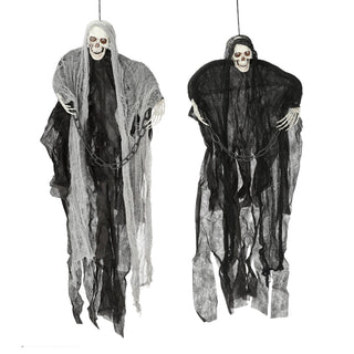 Halloween Sensenmann mit Kette 2er Set animiert H110cm Kunststoff Polyester schwarz weiß An-/Ausschalter rote Leuchtaugen Horrordekoration