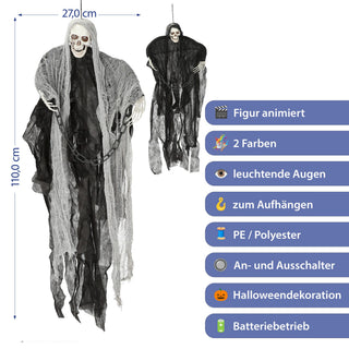 Halloween Sensenmann mit Kette 2er Set animiert H110cm Kunststoff Polyester schwarz weiß An-/Ausschalter rote Leuchtaugen Horrordekoration