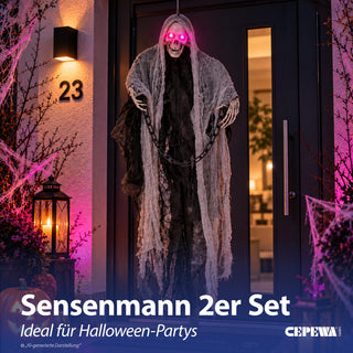 Halloween Sensenmann mit Kette 2er Set animiert H110cm Kunststoff Polyester schwarz weiß An-/Ausschalter rote Leuchtaugen Horrordekoration