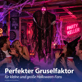 Halloween Sensenmann mit Kette 2er Set animiert H110cm Kunststoff Polyester schwarz weiß An-/Ausschalter rote Leuchtaugen Horrordekoration