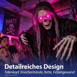 Halloween Sensenmann mit Kette 2er Set animiert H110cm Kunststoff Polyester schwarz weiß An-/Ausschalter rote Leuchtaugen Horrordekoration