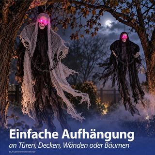 Halloween Sensenmann mit Kette 2er Set animiert H110cm Kunststoff Polyester schwarz weiß An-/Ausschalter rote Leuchtaugen Horrordekoration