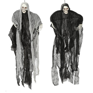 Halloween Sensenmann mit Kette 2er Set animiert H110cm Kunststoff Polyester schwarz weiß An-/Ausschalter rote Leuchtaugen Horrordekoration