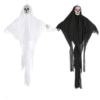 LED Skelett mit Sound 2er Set H100cm Kunststoff Polyester schwarz weiß batteriebetrieben rote Leuchtaugen Totenkopf Horrordekoration