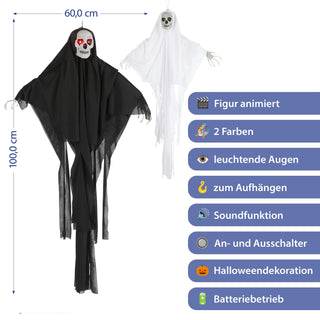 LED Skelett mit Sound 2er Set H100cm Kunststoff Polyester schwarz weiß batteriebetrieben rote Leuchtaugen Totenkopf Horrordekoration