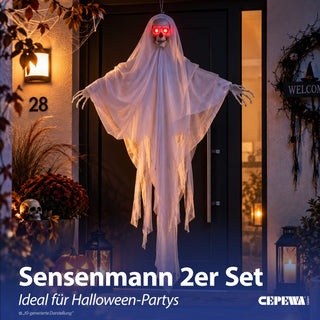 LED Skelett mit Sound 2er Set H100cm Kunststoff Polyester schwarz weiß batteriebetrieben rote Leuchtaugen Totenkopf Horrordekoration