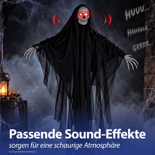 LED Skelett mit Sound 2er Set H100cm Kunststoff Polyester schwarz weiß batteriebetrieben rote Leuchtaugen Totenkopf Horrordekoration