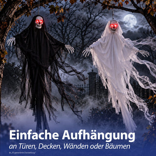 LED Skelett mit Sound 2er Set H100cm Kunststoff Polyester schwarz weiß batteriebetrieben rote Leuchtaugen Totenkopf Horrordekoration
