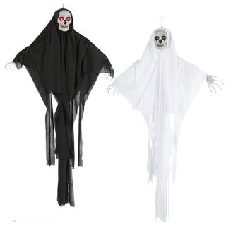 LED Skelett mit Sound 2er Set H100cm Kunststoff Polyester schwarz weiß batteriebetrieben rote Leuchtaugen Totenkopf Horrordekoration