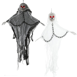 LED Skelett Sound Kette 2er Set H60cm Kunststoff Polyester schwarz weiß batteriebetrieben rote Leuchtaugen Totenkopf Horrordekoration