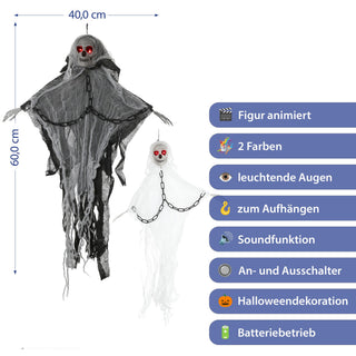 LED Skelett Sound Kette 2er Set H60cm Kunststoff Polyester schwarz weiß batteriebetrieben rote Leuchtaugen Totenkopf Horrordekoration