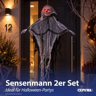 LED Skelett Sound Kette 2er Set H60cm Kunststoff Polyester schwarz weiß batteriebetrieben rote Leuchtaugen Totenkopf Horrordekoration