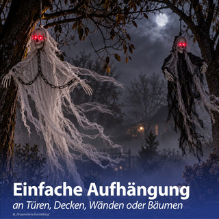 LED Skelett Sound Kette 2er Set H60cm Kunststoff Polyester schwarz weiß batteriebetrieben rote Leuchtaugen Totenkopf Horrordekoration