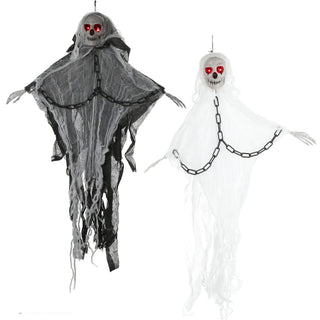 LED Skelett Sound Kette 2er Set H60cm Kunststoff Polyester schwarz weiß batteriebetrieben rote Leuchtaugen Totenkopf Horrordekoration