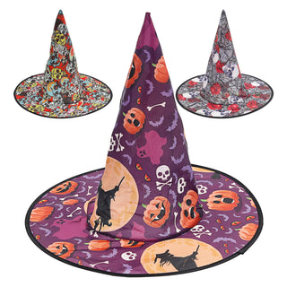 Hexenhut mit Print 3er Set 38x37,5cm Polyester 3 schaurige Motive Zauberhut Halloween-Party Kostümzubehör Dekohut Mottoparty Hut spitz