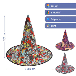 Hexenhut mit Print 3er Set 38x37,5cm Polyester 3 schaurige Motive Zauberhut Halloween-Party Kostümzubehör Dekohut Mottoparty Hut spitz