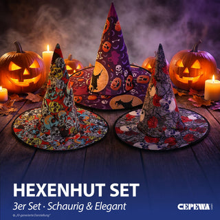 Hexenhut mit Print 3er Set 38x37,5cm Polyester 3 schaurige Motive Zauberhut Halloween-Party Kostümzubehör Dekohut Mottoparty Hut spitz