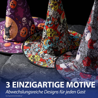 Hexenhut mit Print 3er Set 38x37,5cm Polyester 3 schaurige Motive Zauberhut Halloween-Party Kostümzubehör Dekohut Mottoparty Hut spitz