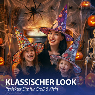 Hexenhut mit Print 3er Set 38x37,5cm Polyester 3 schaurige Motive Zauberhut Halloween-Party Kostümzubehör Dekohut Mottoparty Hut spitz