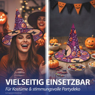 Hexenhut mit Print 3er Set 38x37,5cm Polyester 3 schaurige Motive Zauberhut Halloween-Party Kostümzubehör Dekohut Mottoparty Hut spitz