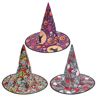 Hexenhut mit Print 3er Set 38x37,5cm Polyester 3 schaurige Motive Zauberhut Halloween-Party Kostümzubehör Dekohut Mottoparty Hut spitz