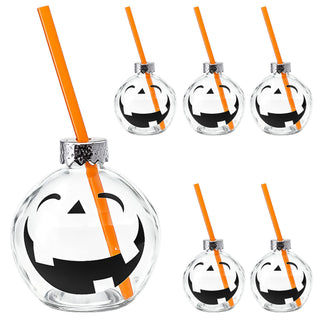Trinkglas Halloween 6er Set Trinkhalm Füllmenge 400ml Ø10,5x10cm Glas transparent schwarz Motivglas Fratze Kürbisgesicht Strohhalm orange