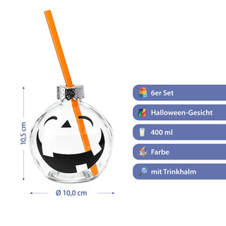 Trinkglas Halloween 6er Set Trinkhalm Füllmenge 400ml Ø10,5x10cm Glas transparent schwarz Motivglas Fratze Kürbisgesicht Strohhalm orange