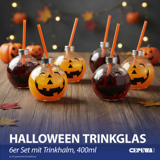 Trinkglas Halloween 6er Set Trinkhalm Füllmenge 400ml Ø10,5x10cm Glas transparent schwarz Motivglas Fratze Kürbisgesicht Strohhalm orange