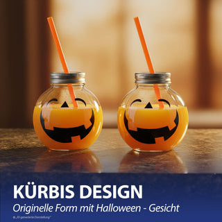 Trinkglas Halloween 6er Set Trinkhalm Füllmenge 400ml Ø10,5x10cm Glas transparent schwarz Motivglas Fratze Kürbisgesicht Strohhalm orange