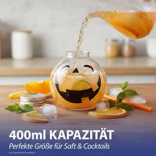 Trinkglas Halloween 6er Set Trinkhalm Füllmenge 400ml Ø10,5x10cm Glas transparent schwarz Motivglas Fratze Kürbisgesicht Strohhalm orange