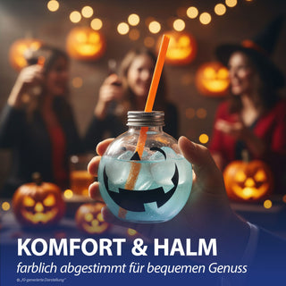 Trinkglas Halloween 6er Set Trinkhalm Füllmenge 400ml Ø10,5x10cm Glas transparent schwarz Motivglas Fratze Kürbisgesicht Strohhalm orange