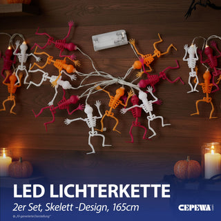 LED Lichterkette Skelett 2er Set 165cm orange weiß rot 10 LEDs warmweiß Kunststoff Halloweendekoration Girlande 10 Skelettfiguren Partybeleuchtung