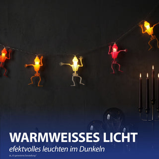 LED Lichterkette Skelett 2er Set 165cm orange weiß rot 10 LEDs warmweiß Kunststoff Halloweendekoration Girlande 10 Skelettfiguren Partybeleuchtung
