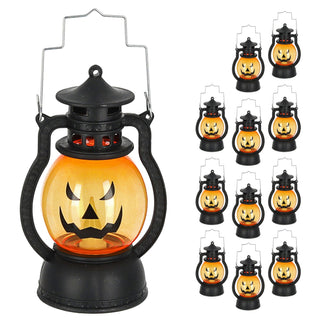 LED Laterne Kürbis 12er Set schwarz orange 12cm Kunststoff warmweiß Windlicht Henkel Halloweendekoration Fratze batteriebetrieben