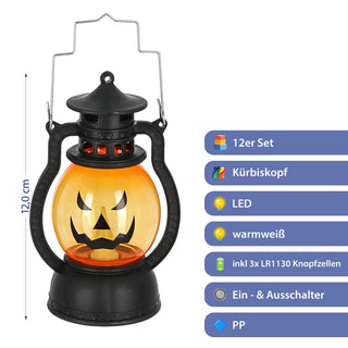 LED Laterne Kürbis 12er Set schwarz orange 12cm Kunststoff warmweiß Windlicht Henkel Halloweendekoration Fratze batteriebetrieben