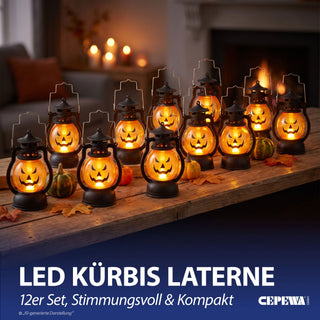 LED Laterne Kürbis 12er Set schwarz orange 12cm Kunststoff warmweiß Windlicht Henkel Halloweendekoration Fratze batteriebetrieben
