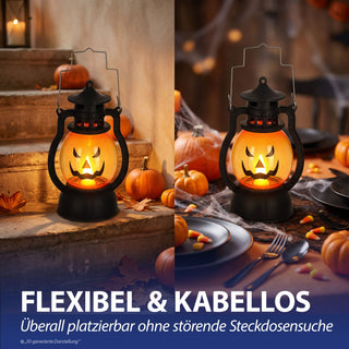 LED Laterne Kürbis 12er Set schwarz orange 12cm Kunststoff warmweiß Windlicht Henkel Halloweendekoration Fratze batteriebetrieben