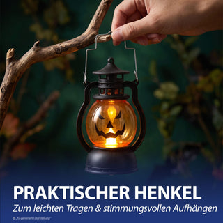 LED Laterne Kürbis 12er Set schwarz orange 12cm Kunststoff warmweiß Windlicht Henkel Halloweendekoration Fratze batteriebetrieben