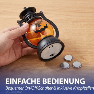 LED Laterne Kürbis 12er Set schwarz orange 12cm Kunststoff warmweiß Windlicht Henkel Halloweendekoration Fratze batteriebetrieben